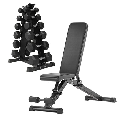 Hex Dumbbells 6 Tier Rack with or without Weights & Bench – Vertical Dumbbell Storage Stand for Home Gym (2.5kg–30kg)